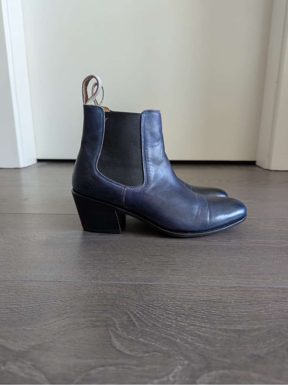 John Fluevog Navy Blue Leather Passage Cairo Chelsea Ankle Boots